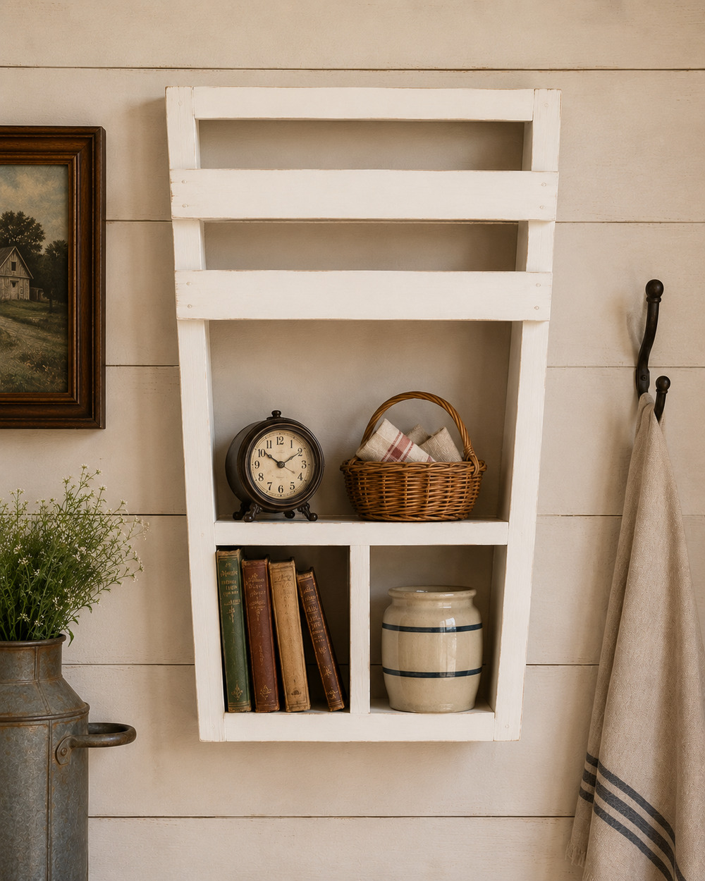 Vintage Rustic Wooden Shelf with Cubbies and Slats Shabby Shelves Wood White 20"
